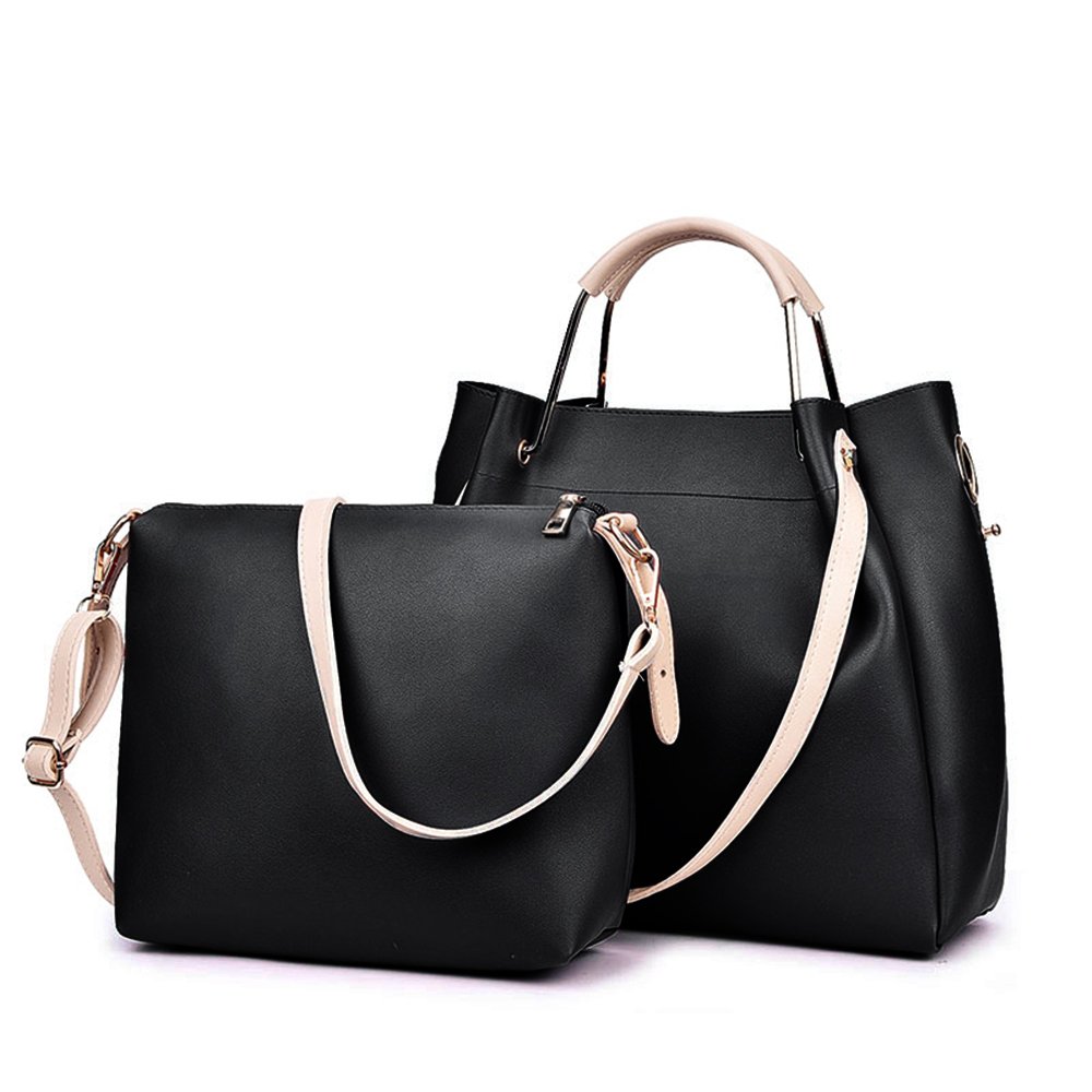 Bolso de Mano cuero PU mujeres,Bolso Señoras Totes 2 pedazos en 1,Bolso de bandolera y Mano-Negro