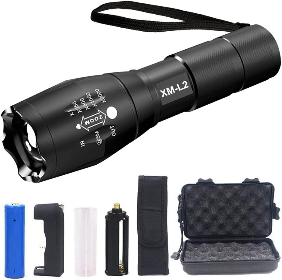 ATcose LED Tactical Flashlight,2000 Lumen Cree XM-L2 Portable Outdoor Water Resistant Torch with Adjustable Focus,Zoomable Flashlight 5 Mode High-Powered Handheld Flashlight