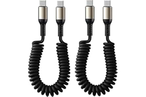USB C to C Cable 5FT 2Pack Coiled USB C Charger Cable Retractable Car Cord Type C Fast Charging Cable for iPhone 17/16/15/Plu