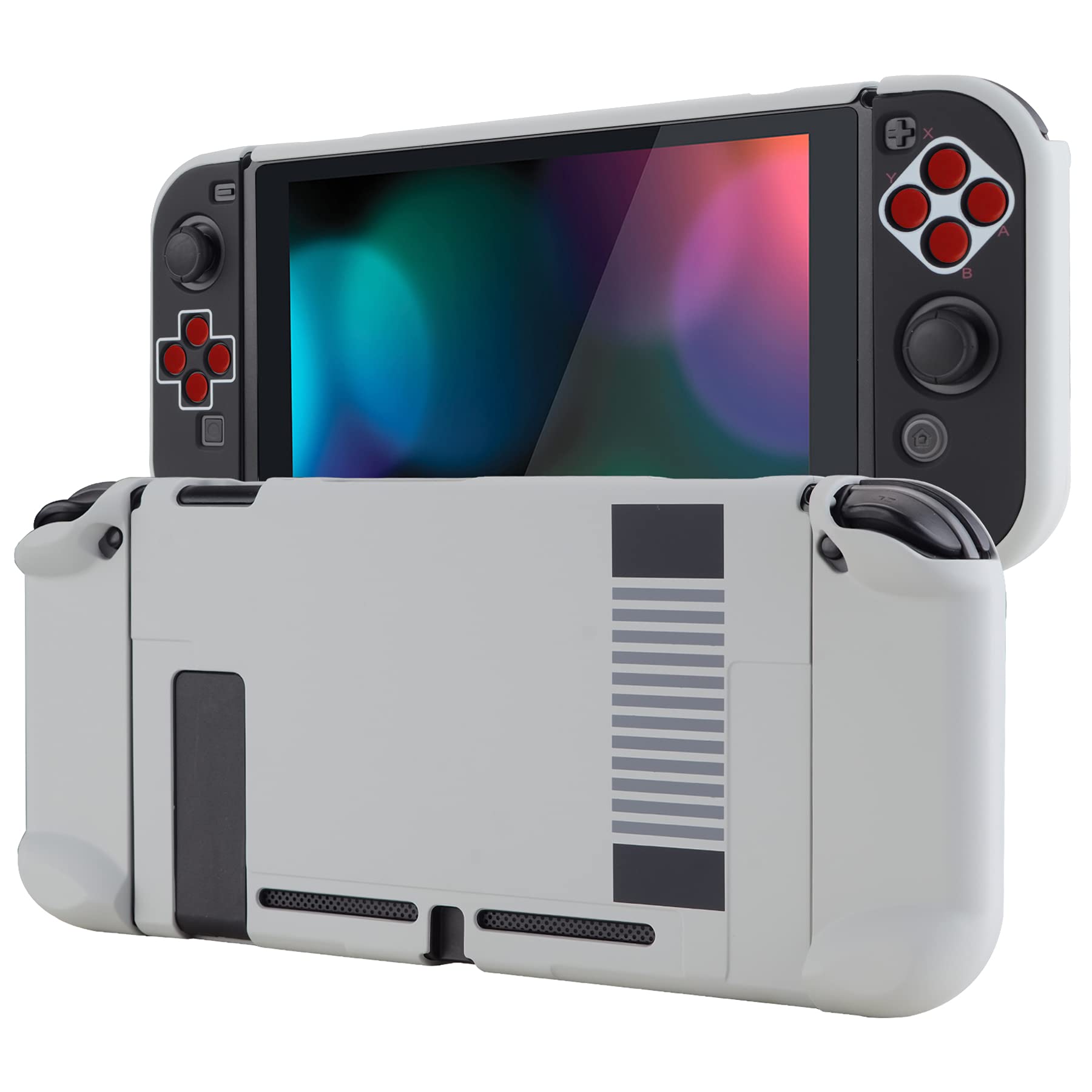 eXtremeRate PlayVital Back Cover for Nintendo Switch Console, NS Joycon Handheld Controller Protector Hard Shell, Dockable Protective Case with Red ABXY Direction Button Caps - Classics NES Style