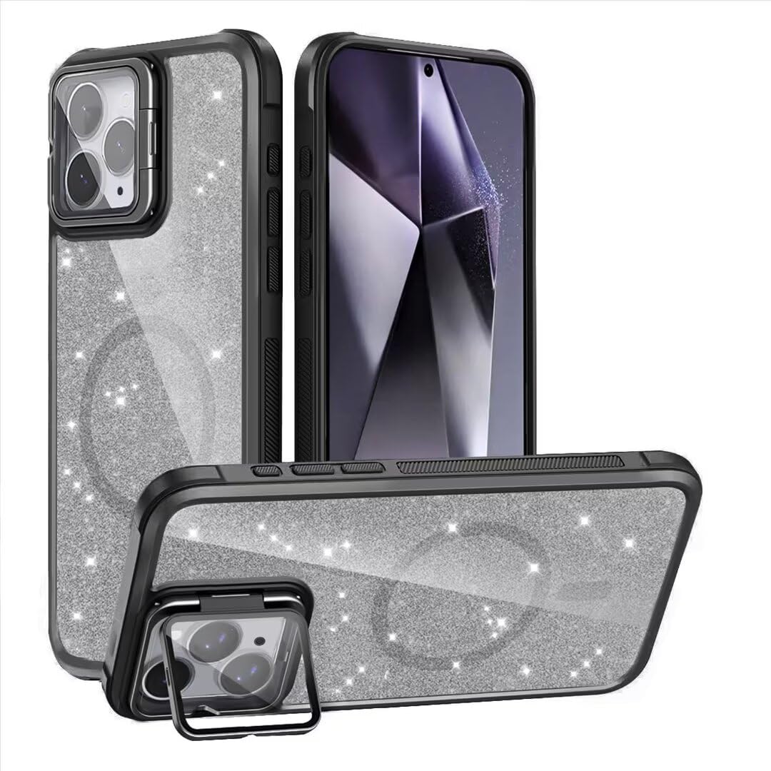 ATISIJIE for iPhone 16 Pro Max Magnetic Case,Glitter Full-Body Shockproof Crystal Hard Acrylic Back Protective Cover with Stand for Women Girls-Black
