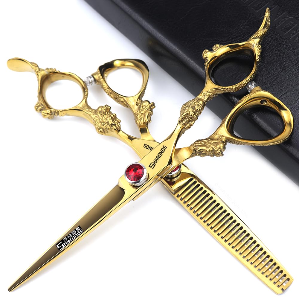 Photo 1 of 6 inch /7 inch salon professional salon scissors salon hairdresser hair cutting hairstyle pruning tools Japan 440c high hardness stainless steel golden (6 inch 2pcs)