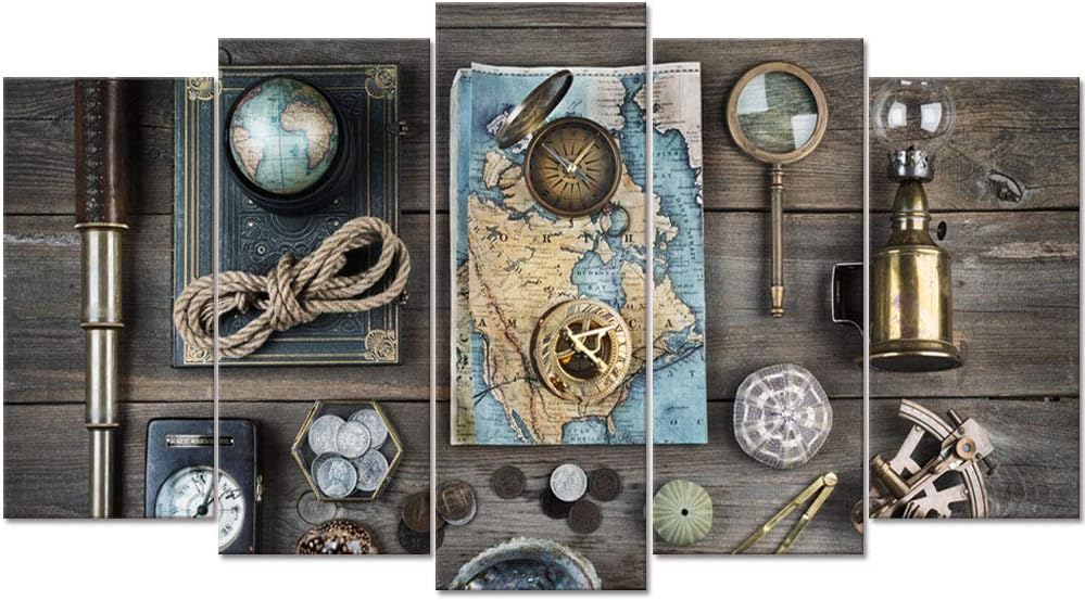 Welmeco Exploration Themed Canvas Wall Art Ancient Ocean Life House Decor Retro Old Map Compass Picture Prints Ready to Hang Modern Home Office Living Room Decoration (02 Sea Navigation)