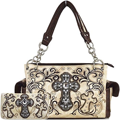 Western Cowgirl Concealed Carry Turquoise Cross Purse Handbag Messenger Shoulder Bag Wallet Set Beige