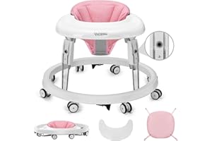 Uuoeebb One-Touch Folding Baby Walker, Anti-Roll 8-Wheel Round Chassis, 7-Speed Height Adjustment, with Large Dinner Plate and Brake, 6-18 Months Baby Walker, Pink.