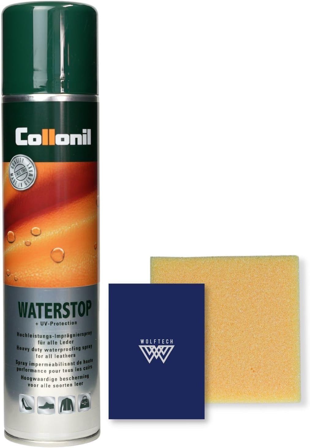 [WOLFTECH] コロニル 防水スプレー 靴 400ml ウォーターストップ レザー メンテナンス ガイド 靴磨きスポンジ付 防水 防汚 革ジャン 鞄 (1本) [並行輸入品]商品画像