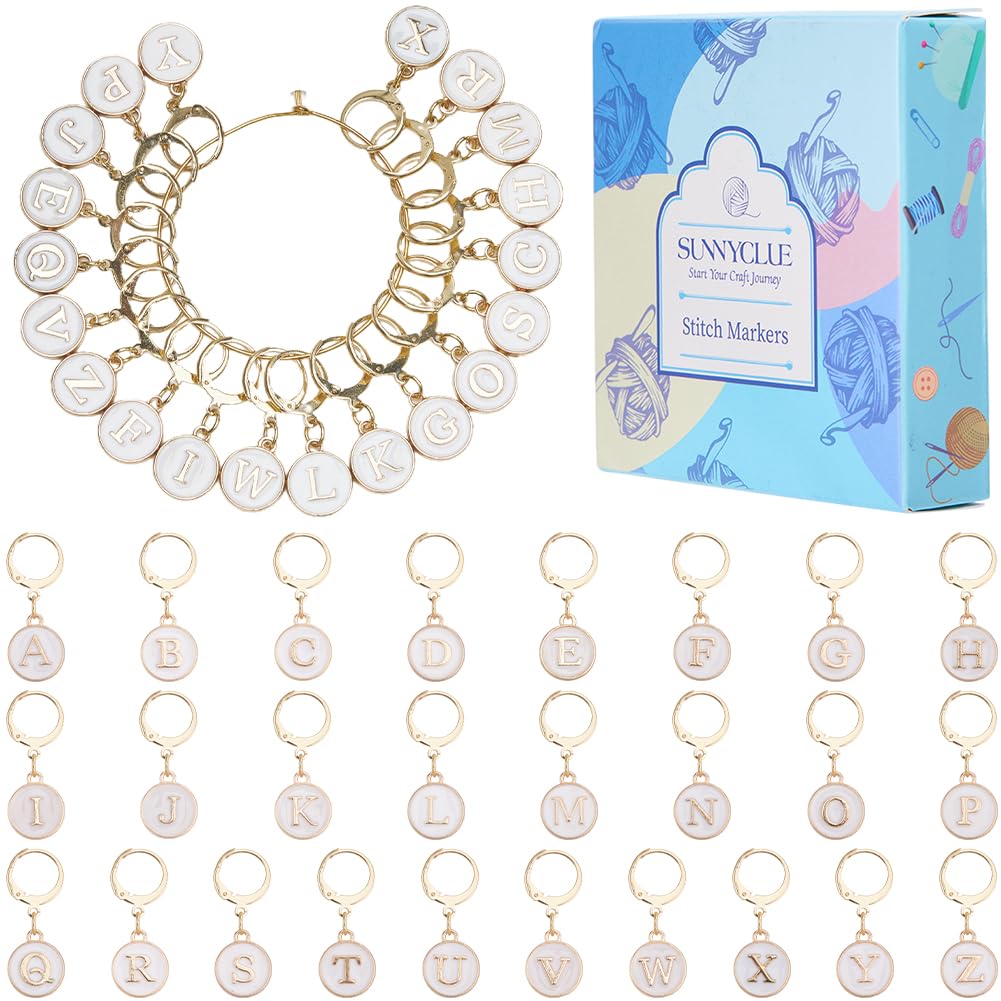 SUNNYCLUE 1 Box 26 Pcs Alphabet Stitch Markers Crochet Charms Bulk Double Sided White Letter Enamel Alloy Knitting Marker Alphabets Charm for Diy Crafts Crocheting Quilting Weaving Sewing Accessories