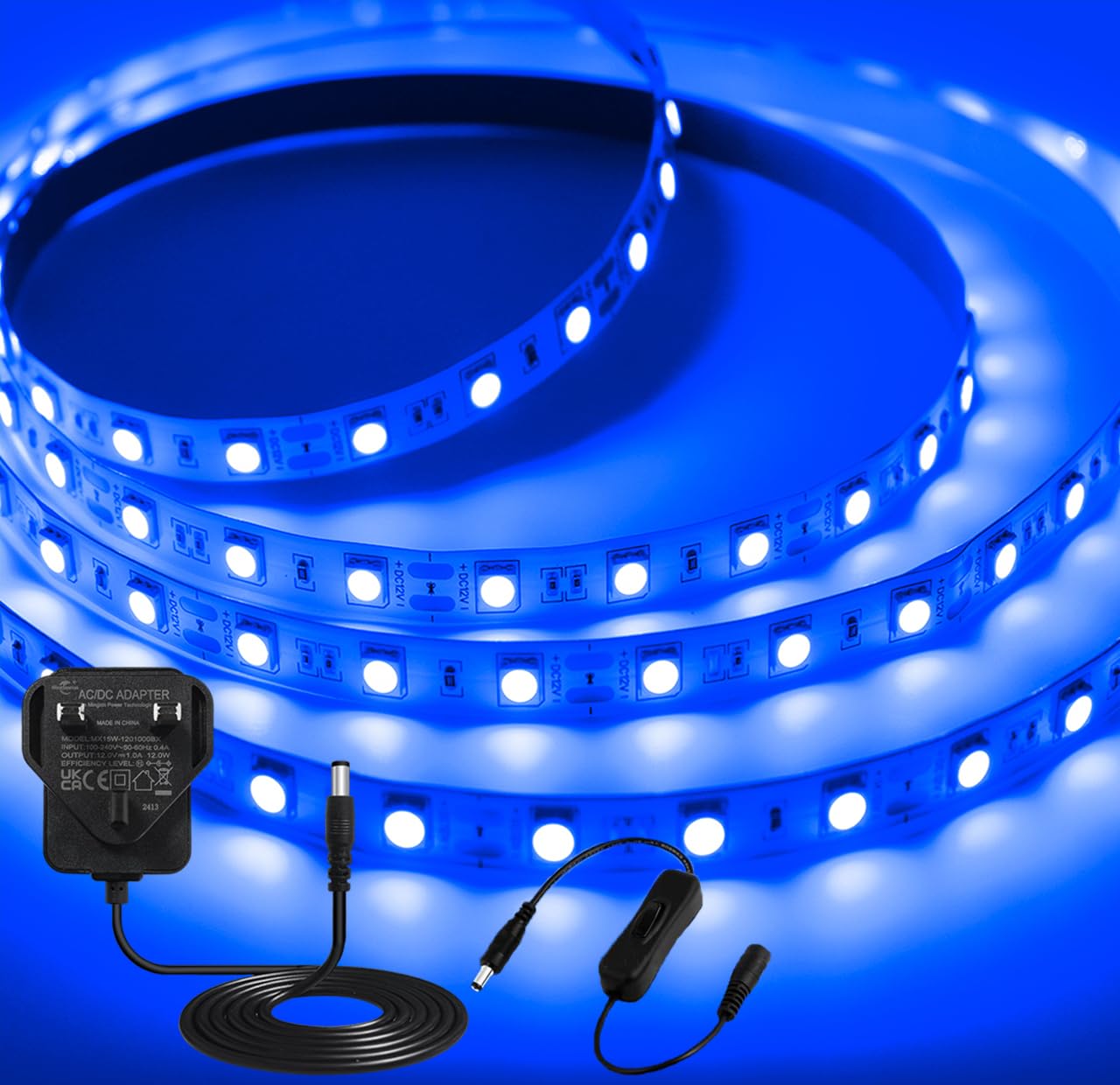 iNextStation 5M Blue LED Strip Lights, 300 LEDs SMD5050 Cuttable Tape Lights with Plug, 12V Flexible Self Adhesive Light Kit for Teen Boys Gaming Room Monitor Bedroom TV Backlight Bar Ceiling Decor