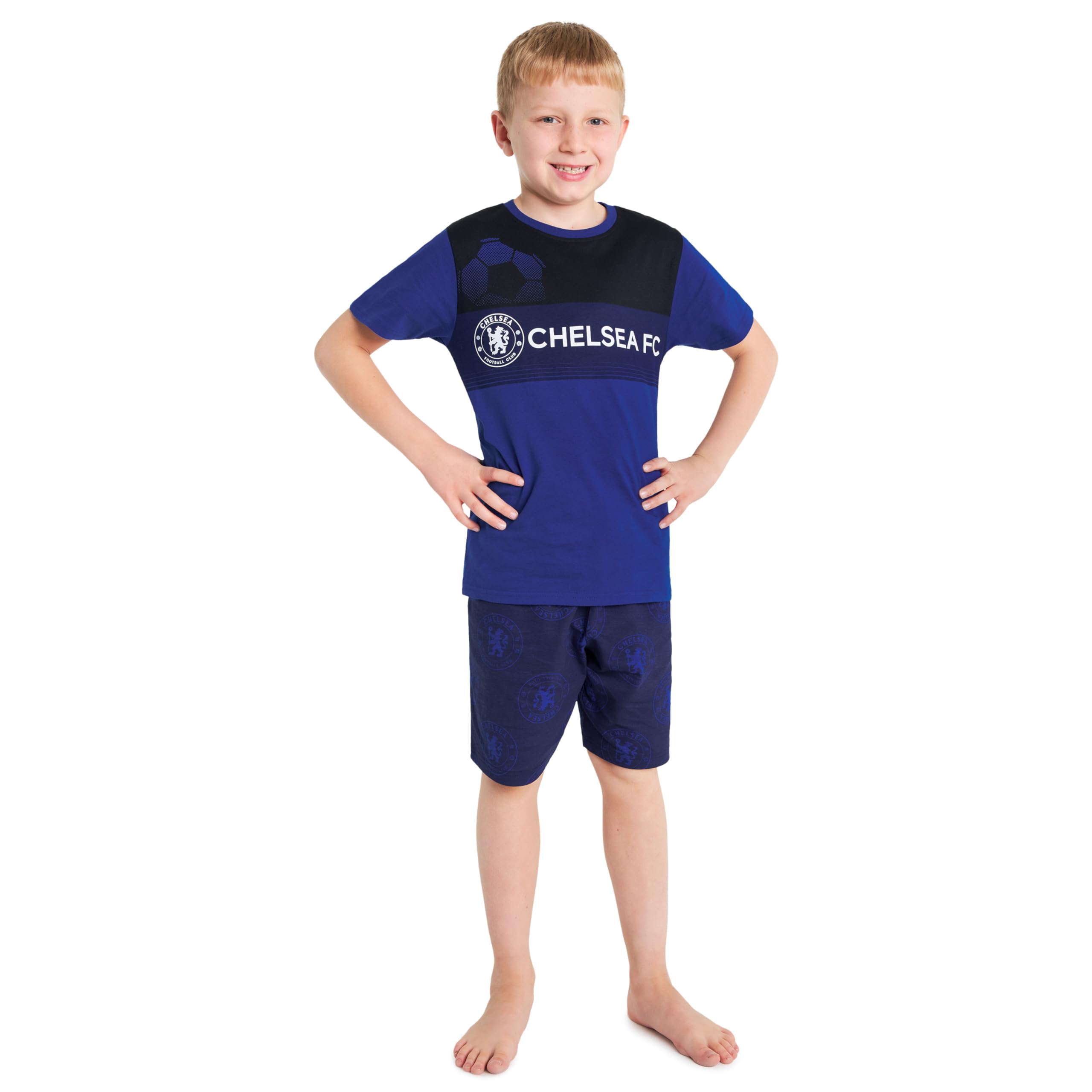 Chelsea F.C. Boys Pyjamas Set Short PJs Kids Teens Lounge Set Nightwear Soft Summer Sleepwear Football Gifts for Boys (Navy/Black, 7-8 Years)