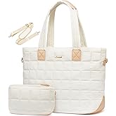 LOVEVOOK Laptop Tote Bag for Women, 15.6 Inch Large Puffer Work Computer Tote Bags for Teacher Nurse, Quilted Women's Purse Tote Shoulder Handbags with Zipper for Travel College Office Gym, Beige