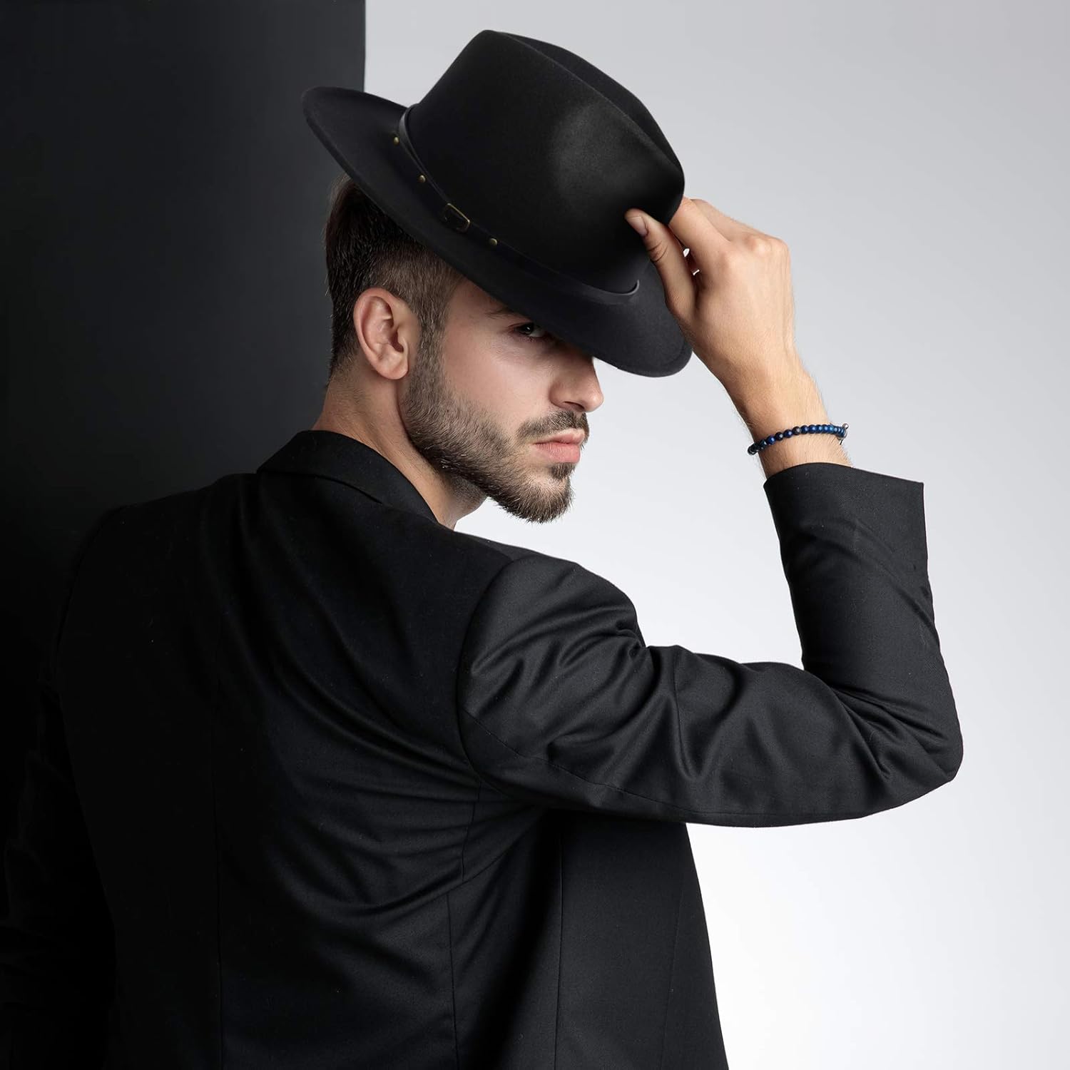 EXTREE Mens Jazz Cap Black Red Patchwork Wool Felt Fedora Hats Belt Buckle Decor Unisex Wide Brim Cowboy Cap Sunhat (Black) at  Men’s Clothing store