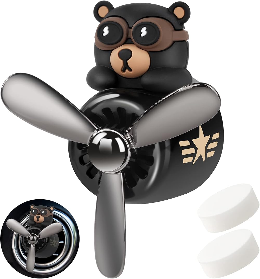 URAQT Bear Pilot Retro Car Air Freshener with 2 Fragrance Tablets Black