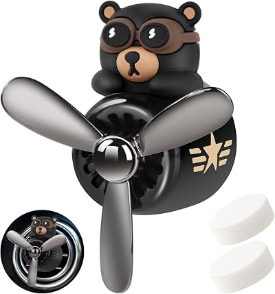 URAQT Bear Pilot Retro Car Air Freshener with 2 Fragrance Tablets Black