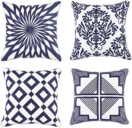 Soamay Set of 4 Embroidered Throw Pillow Covers with Non-Printing Geometric Pattern for Sofa Bedroom Car Chair,Cushion Case 100% Cotton 18 x 18 inch(Deep Blue)