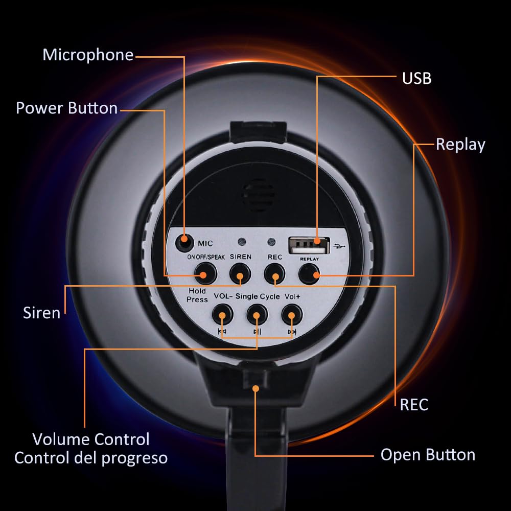 MyMealivos Alto-falante Megafone Portátil Com Potência De 35 Watts PA Bullhorn Com Microfone Portátil Destacável, Sirene Integrada, Pen Drive USB E Gravação 240S (preto - View #9