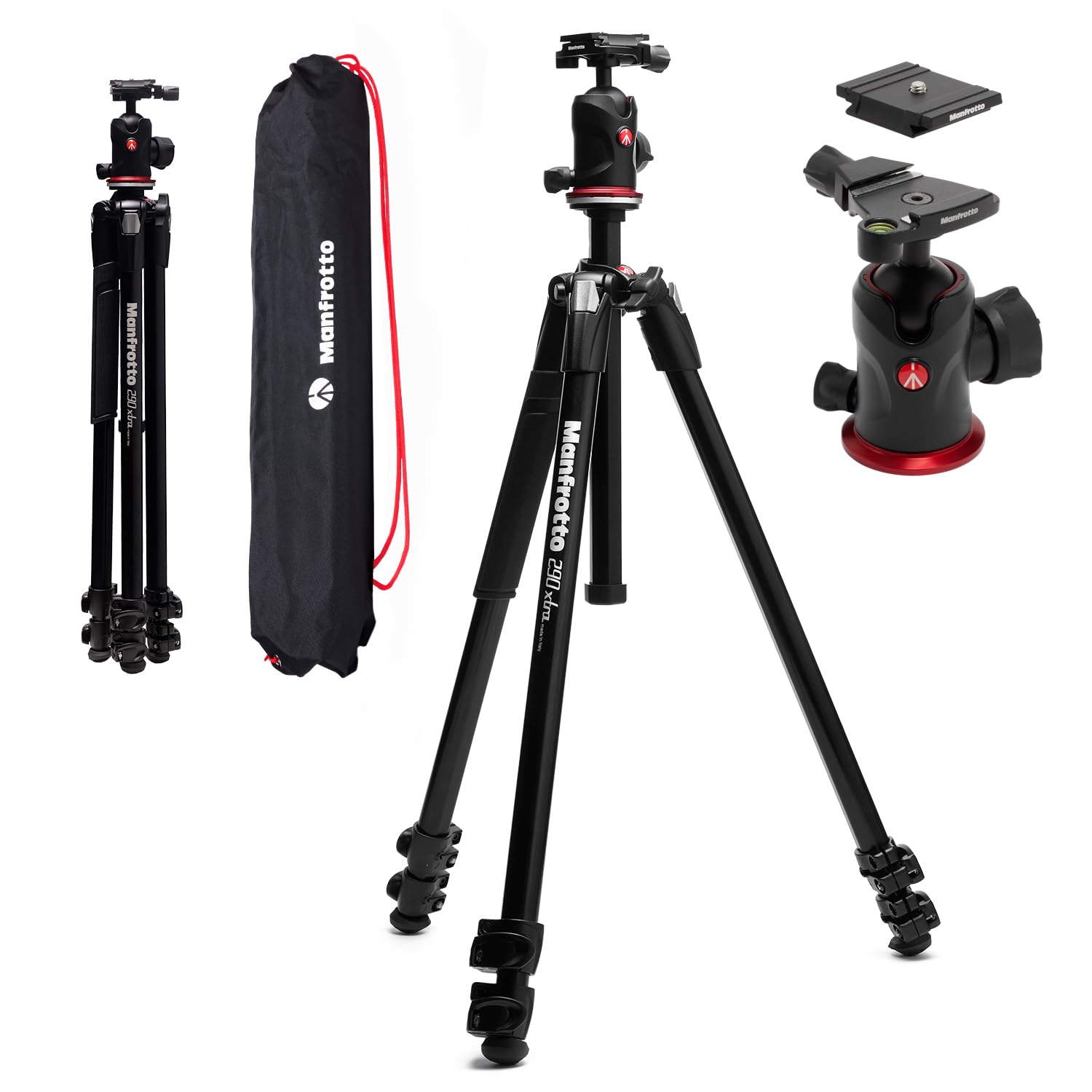 Manfrotto 290XTRA Aluminum Camera Tripod with 496 Ball Head, 3 Segments, 4 Angles, Quick Releases, Arca-Swiss Compatible, 10 kg Load Capacity, Carry Case, for DSLR & Mirrorless Cameras Image