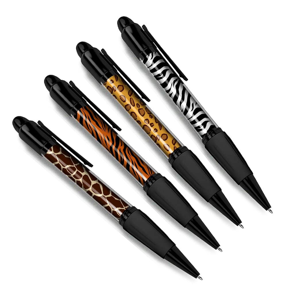 Set of 4 Animal Print Black Ballpoint Pens - Giraffe Zebra Tiger Wild Safari Friends Boys Girls Men Women Theme Pen #79343