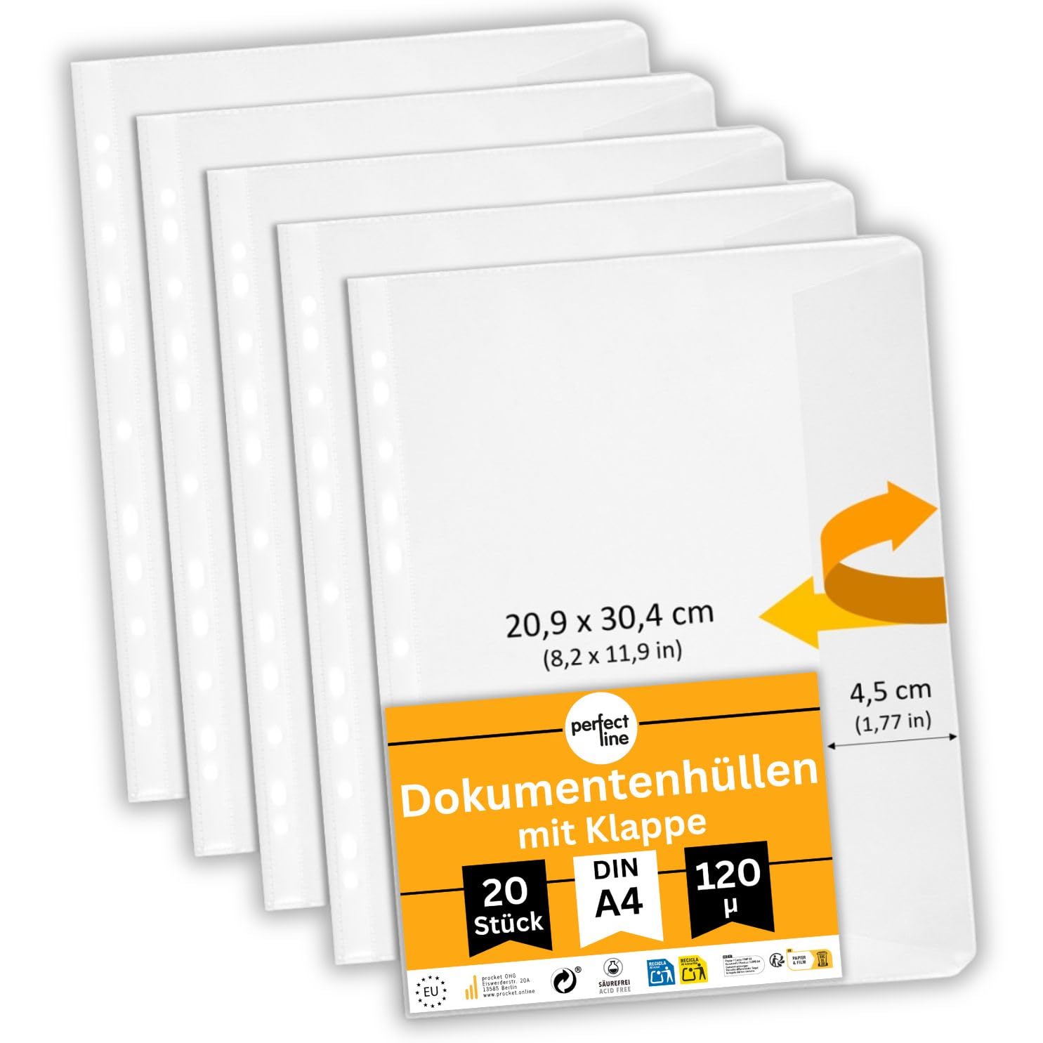 perfect line - 20 Document envelopes with Cover Flap A4 - Punched Pockets - Plastic Sleeves for A4 Paper - polypockets Clear DIN-A4, Transparent, matt, Document-Proof, Acid-Free - Made in EU