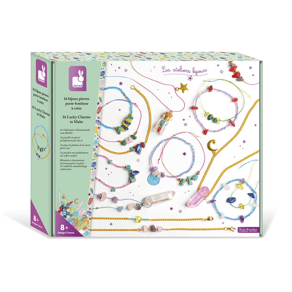 Janod - 16-Piece Lucky Stone Jewellery Set - 3 Necklaces and 13 Bracelets - Les Ateliers Bijoux - Children’s Arts & Crafts Kit - Dexterity and Concentration - 8 Years + - J07938 — image 1