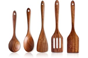 5 Pcs Best Wooden Spoons for Cooking Kitchen Utensils Set Non Stick Spoon Acacia Wood Utensil Cooking Spatula Turner Slotted 