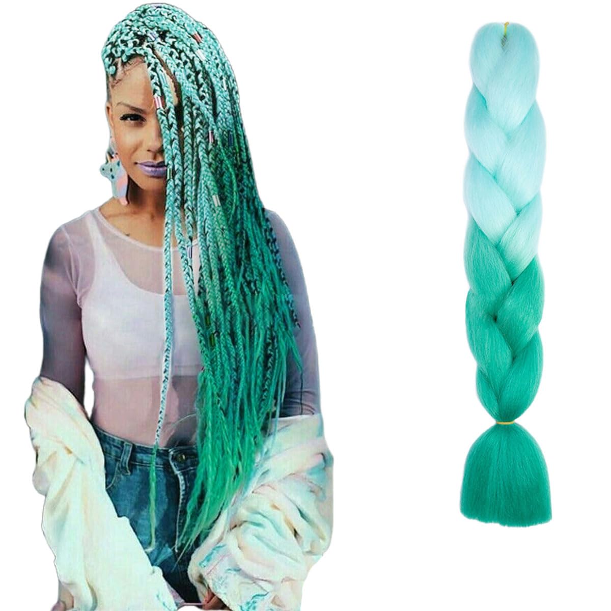 Hair Pieces for Women 24Inch Ombre - Kinky Hair Extensions for Braiding Coloured Hair Twist Braids Resistant Fiber Soft Light Green Hair Extension GBBZ083 — image 1
