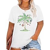 Plus Size Christmas in July Shirt Women Palm Tree Graphic Tee Funny Hawaiian Vacation Top Summer Beach Party T-Shirt