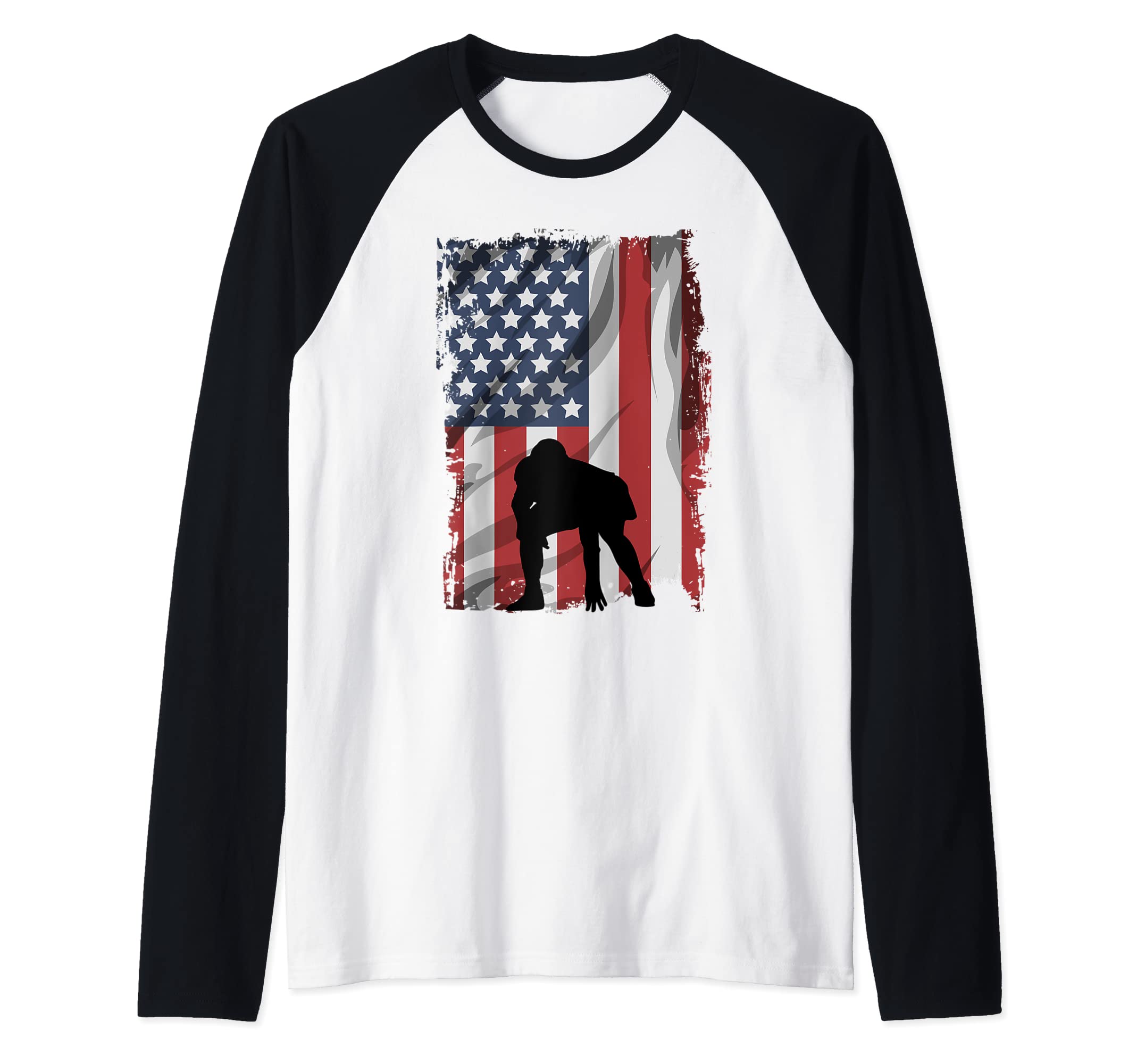Football lineman USA Flag Left. Tackle Raglan Baseball Tee