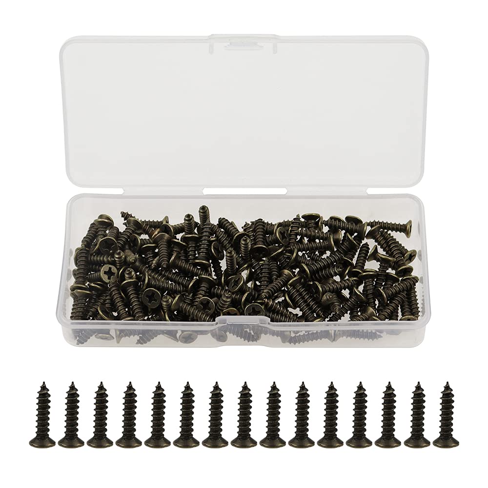 PLCatis Small Self Tapping Wood Screws M3 150-Pack Antique Brass Hinge Screws 3mm x 14mm Phillips Flat Head Countersunk Tiny Chipboard Screws with Storage Box for Small DIY Crafts Projects