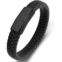 Leather Diva Men's 10mm Braided Black Leather Bolo Bracelet With Magnetic Clasp - 100% Napa Leather, Silver Plated Brass