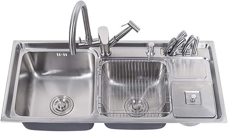 Wghz Fregadero de Cocina Doble Grande, Grifo de Salpicadura Lateral