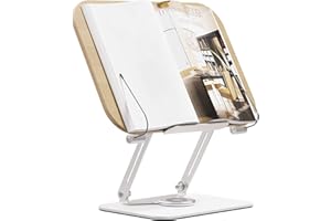 HENZAVK Book Stand for Reading, Adjustable Holder with 360° Rotating Base and Page Clips, Foldable Book Display, Cookbook Stand, for Kitchen, Home Office, Laptop, Tablet