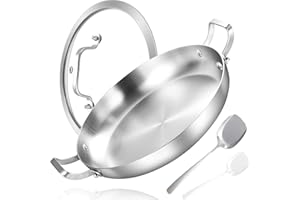 Inqibee 12-Inch Tri-Ply Stainless Steel Paella Pan with Lid, Large Skillet,Saute Pan with Lid,Frying Pan,Induction pan,Dishwa