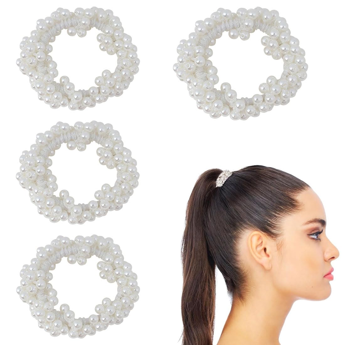BZKSER Pack of 4 Pearl Hair Accessories - White Pearls Hair Scrunchies Women's Elastic Scrunchies Girls Braid Hair Accessories Headpiece Ponytail Holder Hair Accessories
