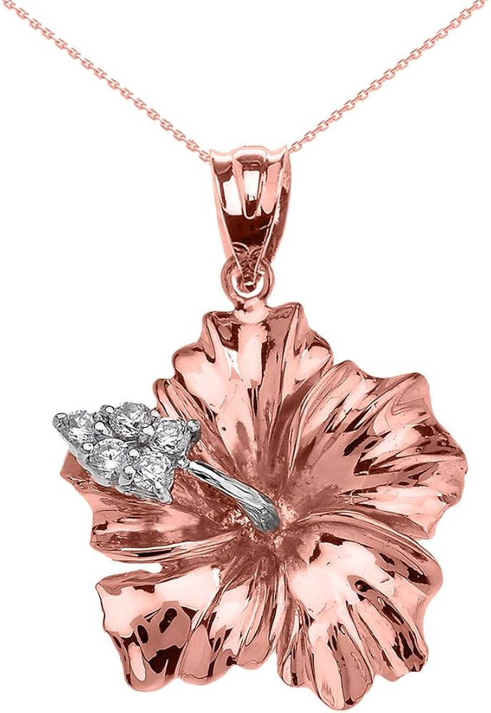 Amazon Com 10k Rose Gold Caribbean Hibiscus Malvaceae Cubic Zirconia Pendant Necklace 16 Jewelry