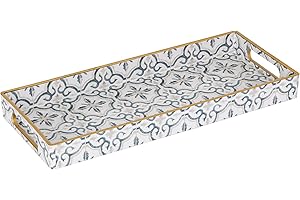 MAONAME White Decorative Tray, Plastic Serving Tray with Handles, Rectangular Moroccan Trays, Long Narrow Trays for Bathroom, Kitchen Counter, 13.8" X 6" X 1.57"