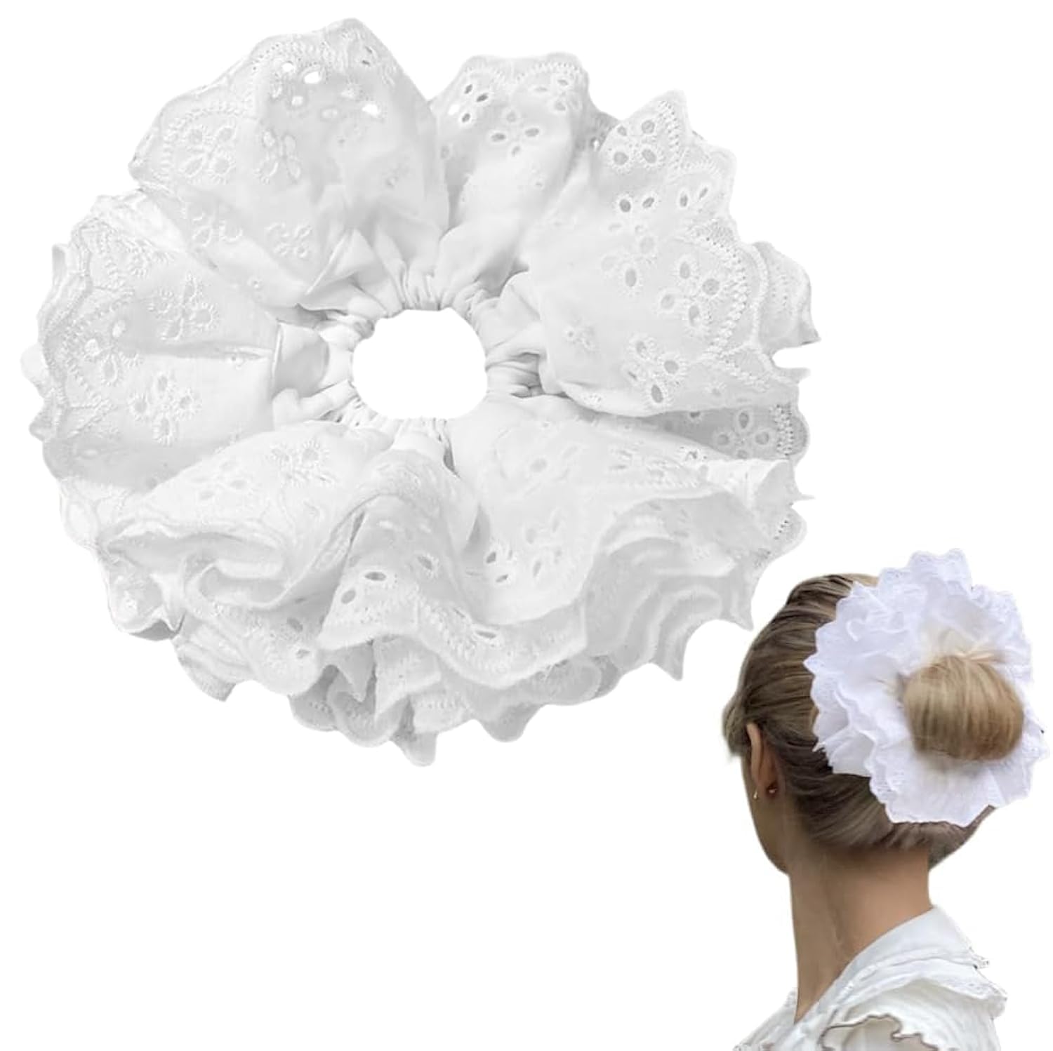 Loekrdos White 4-Layer Lace Hair Scrunchies for Women