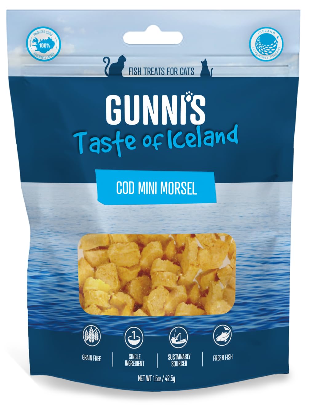 Gunni’s Cod Mini Morsels | Pure Icelandic Cod fillet crunchy treats for cats | Traceable | MSC Certified | Sustainable | 100% Natural | Gently dried | 42.5g