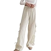 codcm Womens Gingham Striped Wide Leg Pants Y2k Lounge Pants Lace Up Loose Trousers
