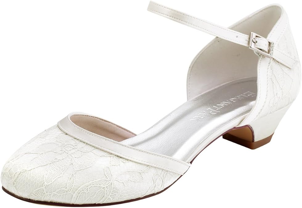 Elegantpark HC1620 Wedding Shoes Women Closed Toe Court Shoes Low Heels Comfortable Lace Bridal