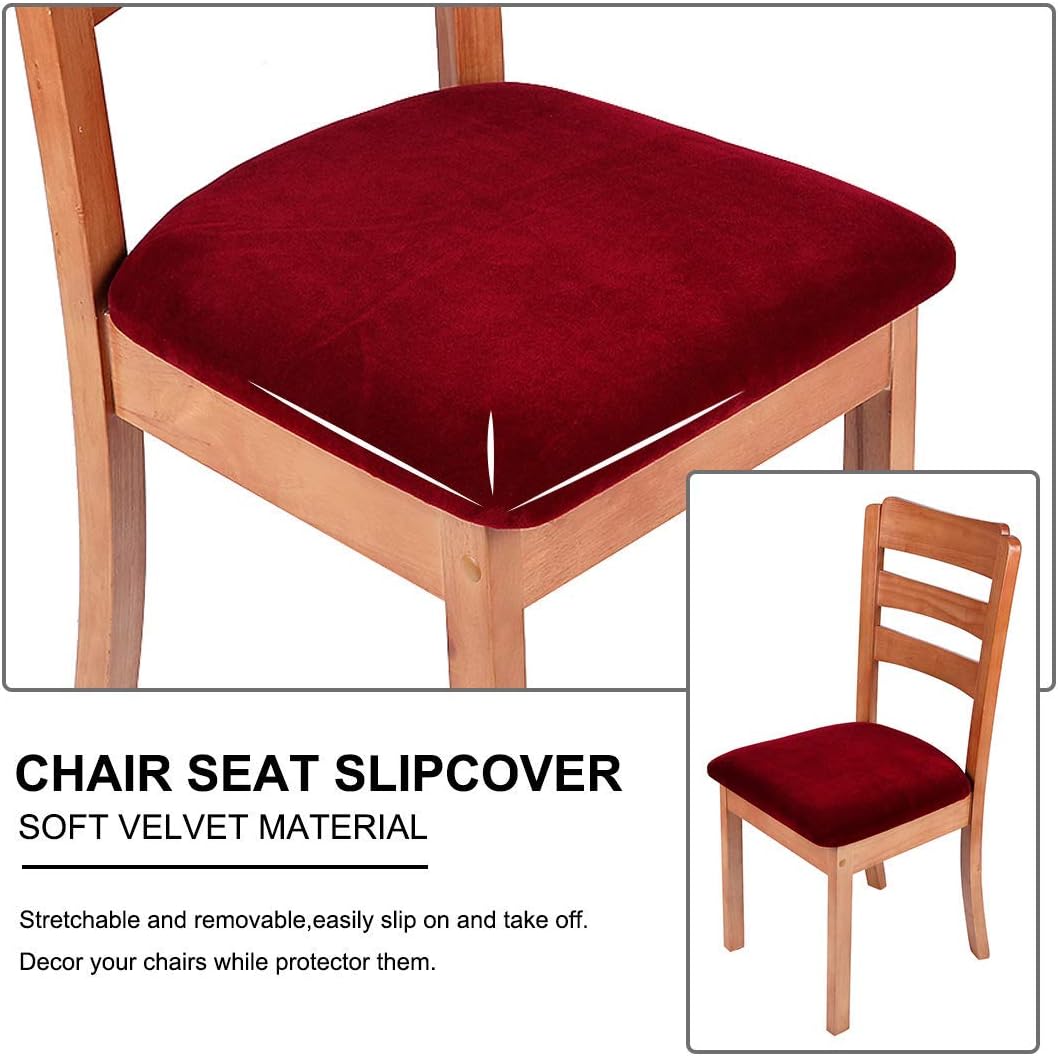 smiry Stretch Chair Seat Covers for Dining Room Velvet Dining Chair Seat Protectors Chair Slipcovers, Set of 4, Wine Red - Image 5