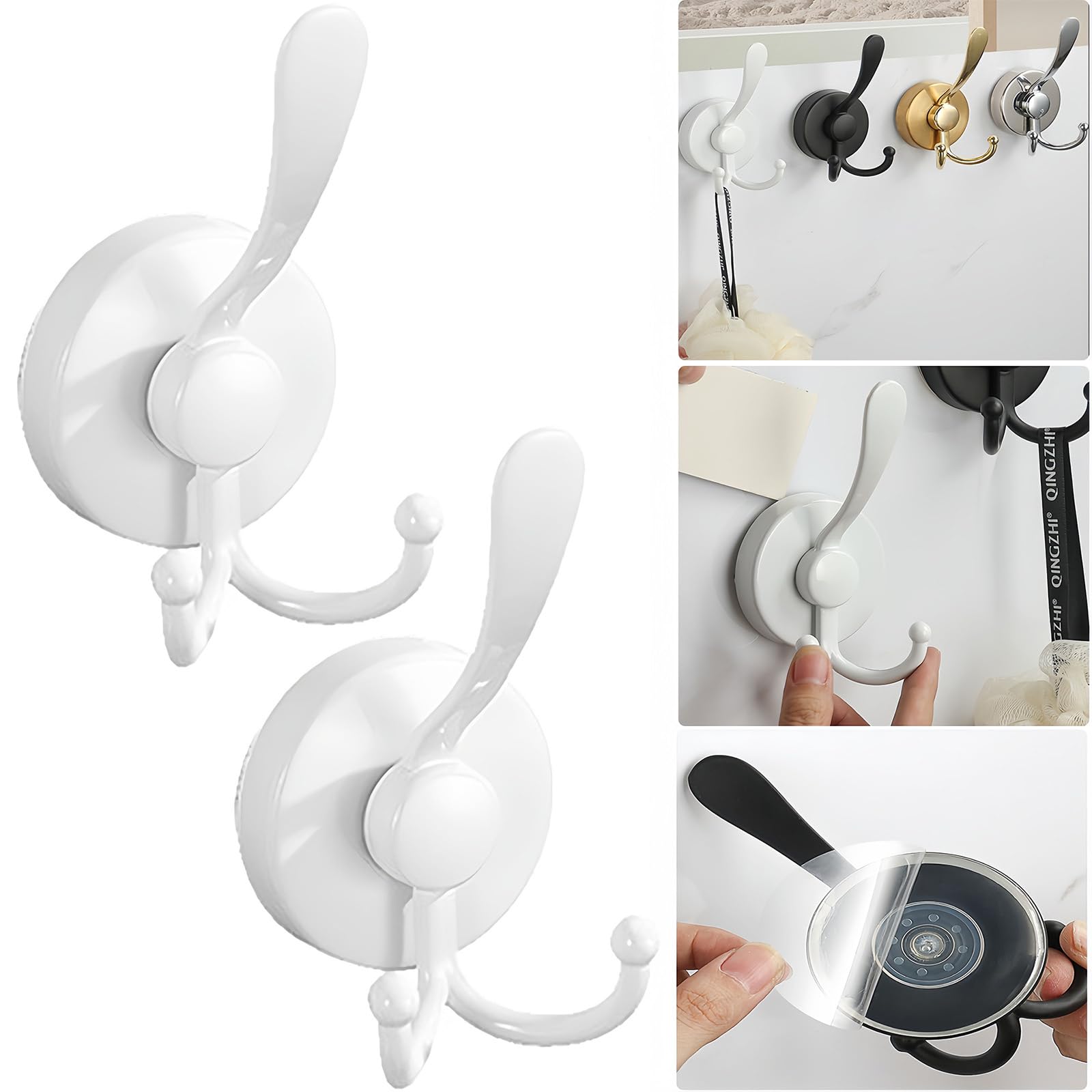 Boxonly No-Drill Suction Cup Duck Tongue Twin Hooks,2024 Upgraded Stainless Steel Waterproof Hooks for Bathroom,Shower,Kitchen,and Mirrors–Heavy Duty Towel Holders (2 Pcs,White)