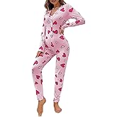 Sorlife Women Sexy Bodycon Onesie Pajama Heart Print Long Sleeve Button V Neck Jumpsuit One Piece Romper Valentines Sleepwear