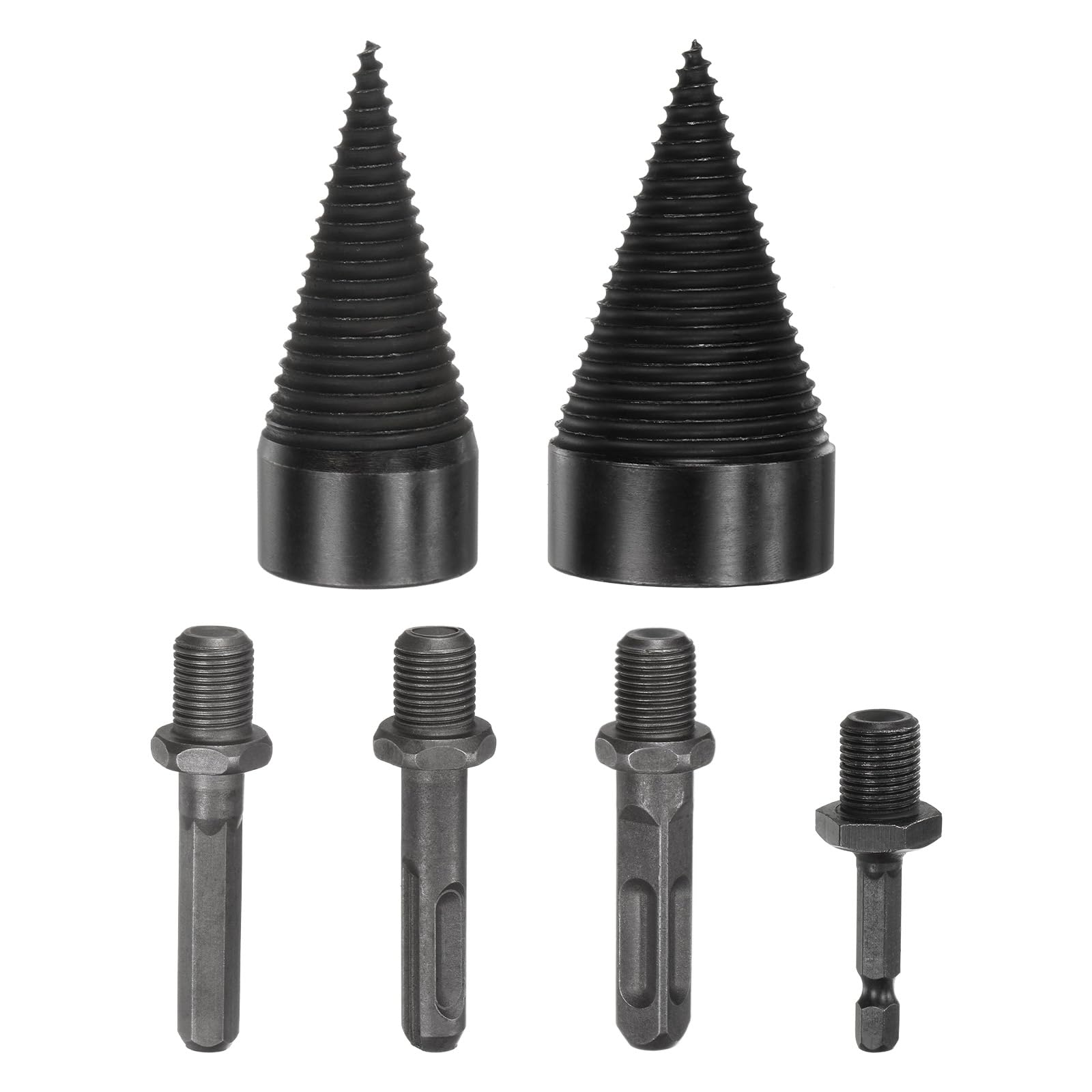 M METERXITY 2-Pack Wood Splitter Drill Bit 38mm + 50mm + 4 Handles (Square + Round + Hex Shank + Small Hex) Firewood Log Splitter Drill Bit for Family/Outdoor/Stove/Farm [Black+Grey]