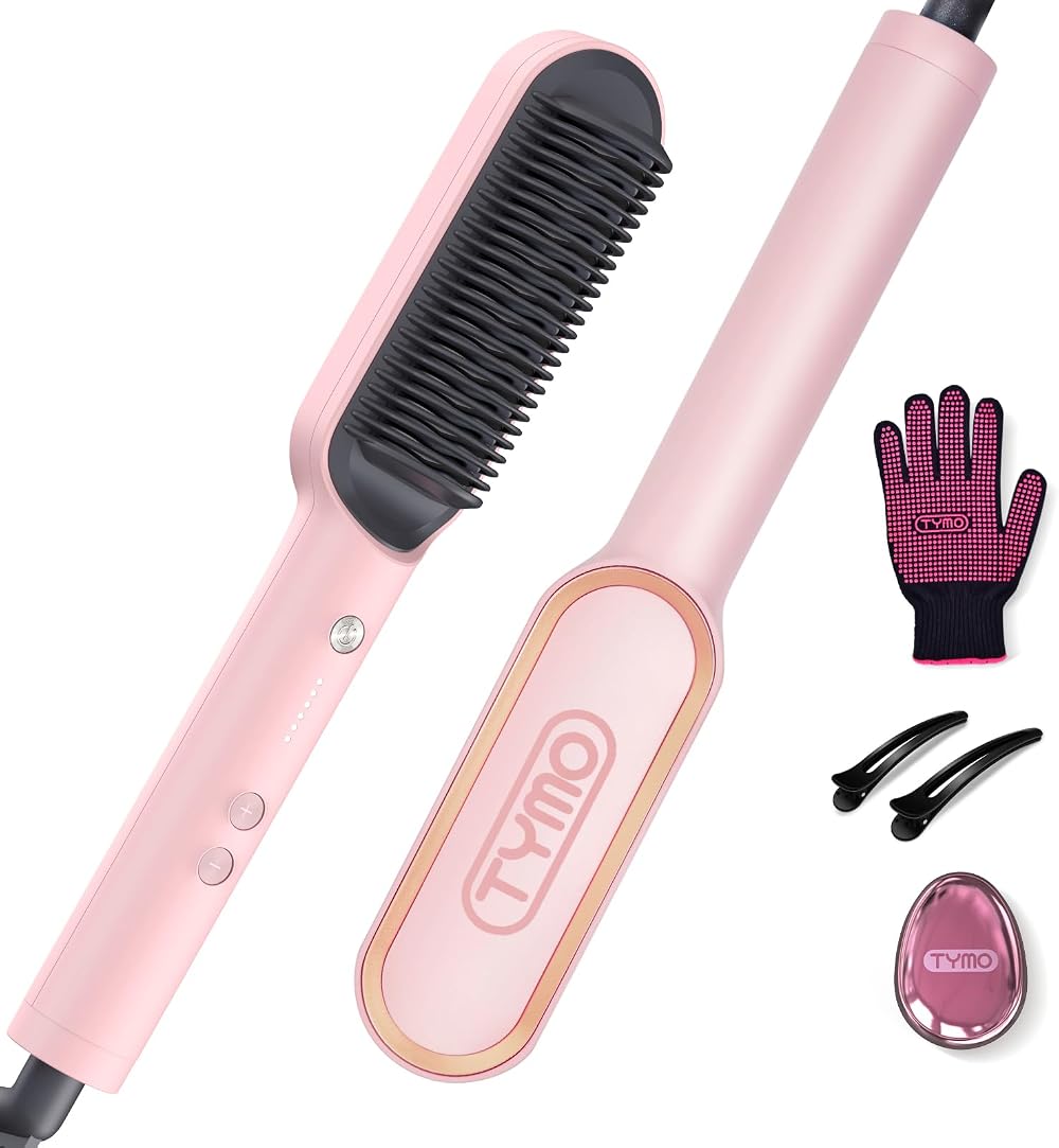 TYMO Hair Straightener Brush UK 2-in-1 Anti-Scald 5 Temp 130-210°C Pink
