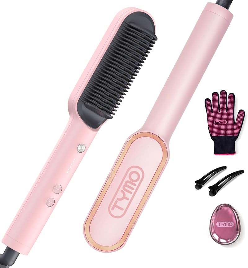 TYMO Hair Straightener Brush UK 2-in-1 Anti-Scald 5 Temp 130-210°C Pink