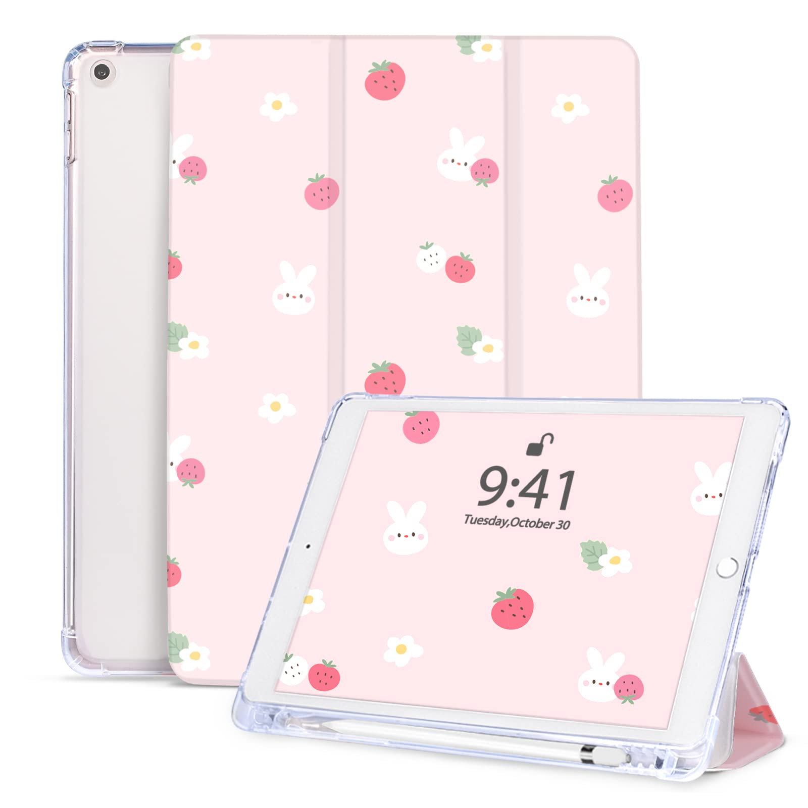 Vozehui 10.2 inch Case for iPad 9th/8th/7th Generation with Pencil Holder, Cute Pink Tri-fold Stand Case with Auto Wake/Sleep Cover for iPad 10.2 inch 2021/2020/2019 Preppy Pattern for Girls Kids