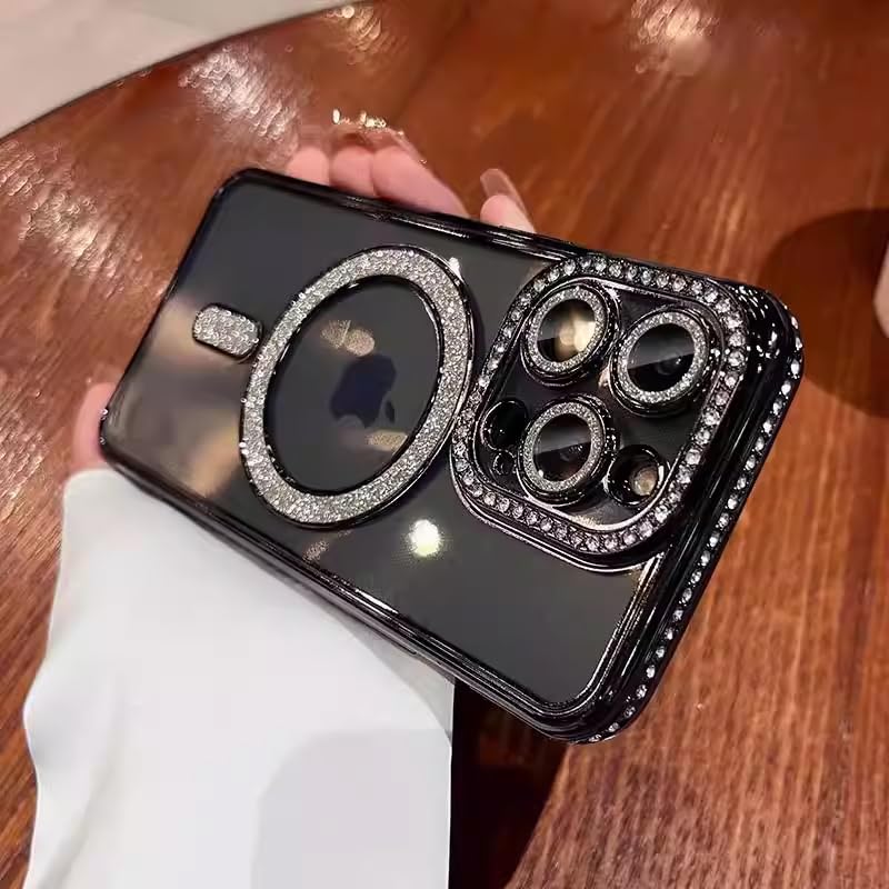 XSHKJDHJS Magnetic Sparkle Diamond for iPhone 14 Pro Case（Compatible with MagSafe） Sparkle Diamond Camera Protection Shockproof Clear Cute Glitter Bling for Women and Girls,Black
