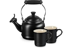 Le Creuset Enamel On Steel Demi Kettle & Stoneware Set of 2 Mugs, 1.25 qt. Kettle & (2) 14 oz. Mugs, Licorice