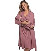 QTECLOR Mommy Robe Set for Maternity with Matching Swaddle Blanket, Delivery Labor Gown Robe for Hospital Women Dress