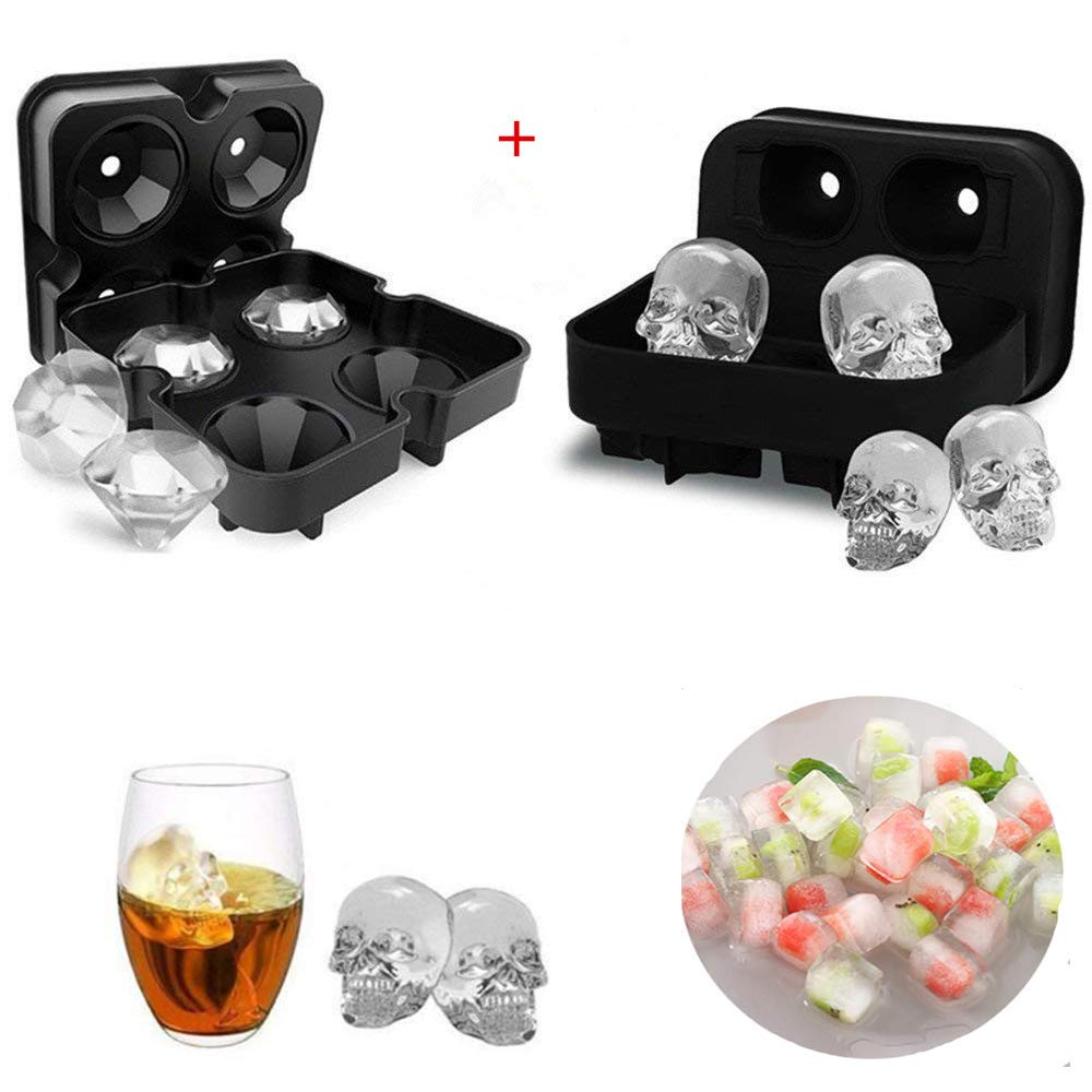 WETONG Ice Cube Trays For Whiskey/Cocktail/Beverages, 3D Skull + Diamond-Shaped Large Silicone Ice Cube Molds Makes 4 Giant Skulls and 4 Diamond Ice Maker